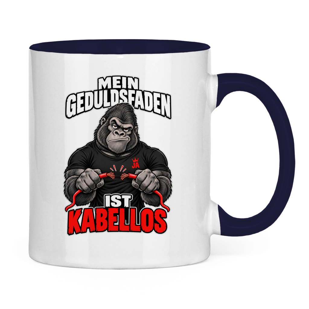 JA Geduldsfaden kabellos – Tasse in Marineblau, Rückansicht, ebenfalls bedruckt