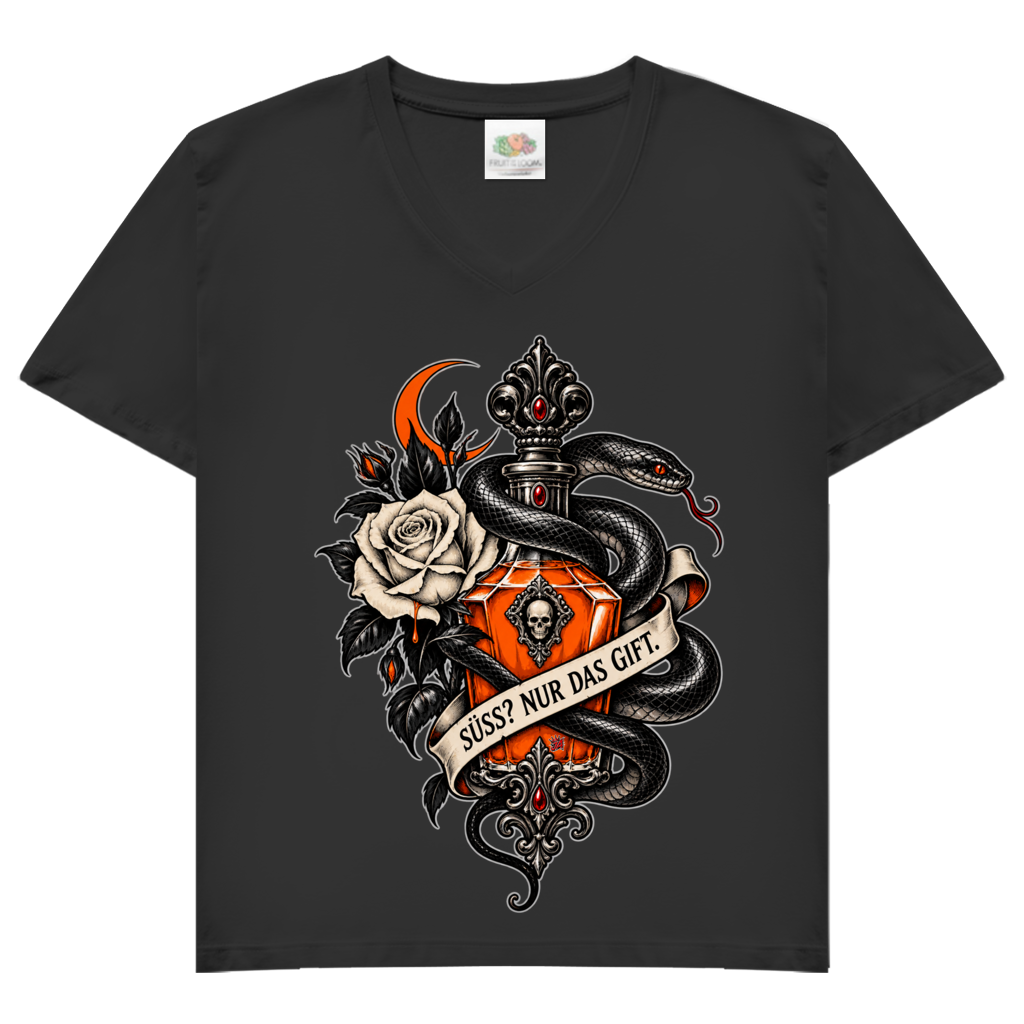 JA Giftkuss – Damen-V-Neck-Shirt in Schwarz, Vorderansicht, Frontdruck: Gothic-Motiv mit Schlange, Rose und Giftflakon: „Süß? Nur das Gift.“