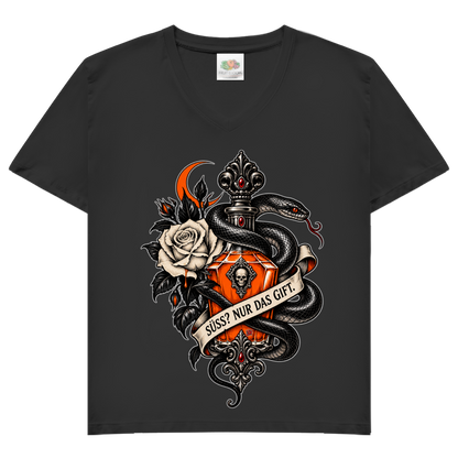 JA Giftkuss – Damen-V-Neck-Shirt in Schwarz, Vorderansicht, Frontdruck: Gothic-Motiv mit Schlange, Rose und Giftflakon: „Süß? Nur das Gift.“