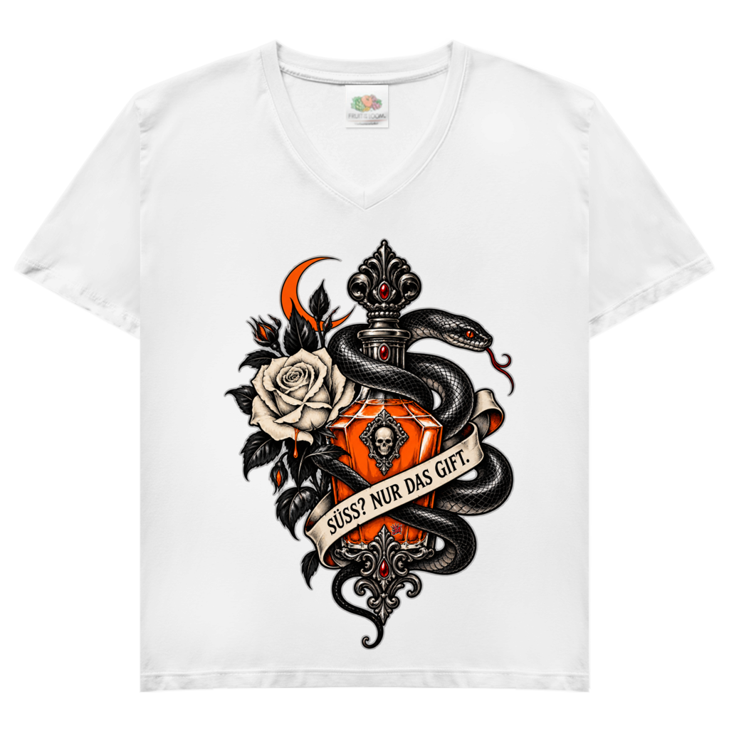 JA Giftkuss – Damen-V-Neck-Shirt in Weiß, Vorderansicht, Frontdruck: Gothic-Motiv mit Schlange, Rose und Giftflakon: „Süß? Nur das Gift.“