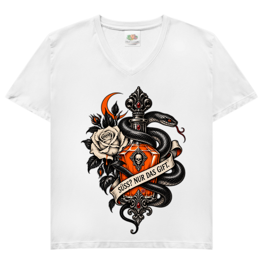 JA Giftkuss – Damen-V-Neck-Shirt in Weiß, Vorderansicht, Frontdruck: Gothic-Motiv mit Schlange, Rose und Giftflakon: „Süß? Nur das Gift.“