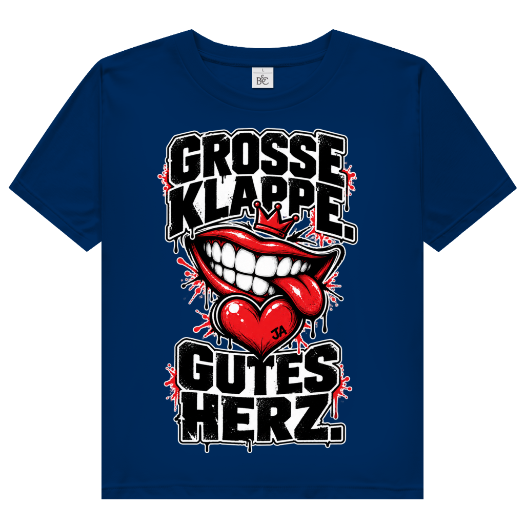 JA Große Klappe, gutes Herz – Damen-Bio-T-Shirt in Marineblau, Vorderansicht, Frontdruck: Markenspruch „Große Klappe. Gutes Herz.“ mit rotem Mund und Herz