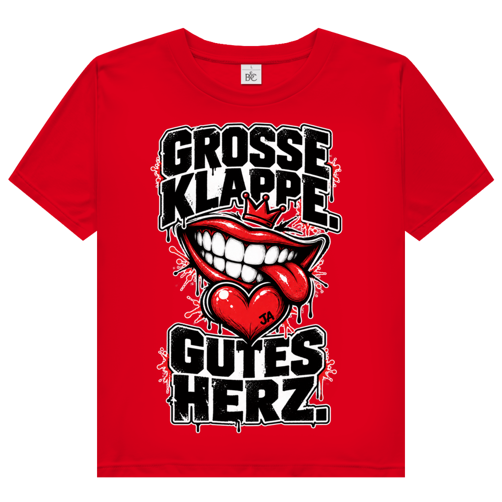 JA Große Klappe, gutes Herz – Damen-Bio-T-Shirt in Rot, Vorderansicht, Frontdruck: Markenspruch „Große Klappe. Gutes Herz.“ mit rotem Mund und Herz