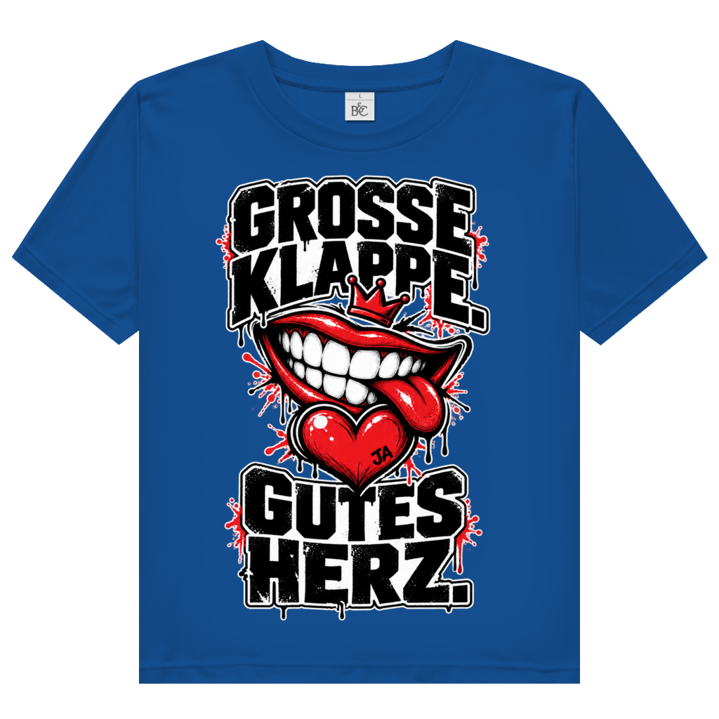 JA Große Klappe, gutes Herz – Damen-Bio-T-Shirt in Royalblau, Vorderansicht, Frontdruck: Markenspruch „Große Klappe. Gutes Herz.“ mit rotem Mund und Herz