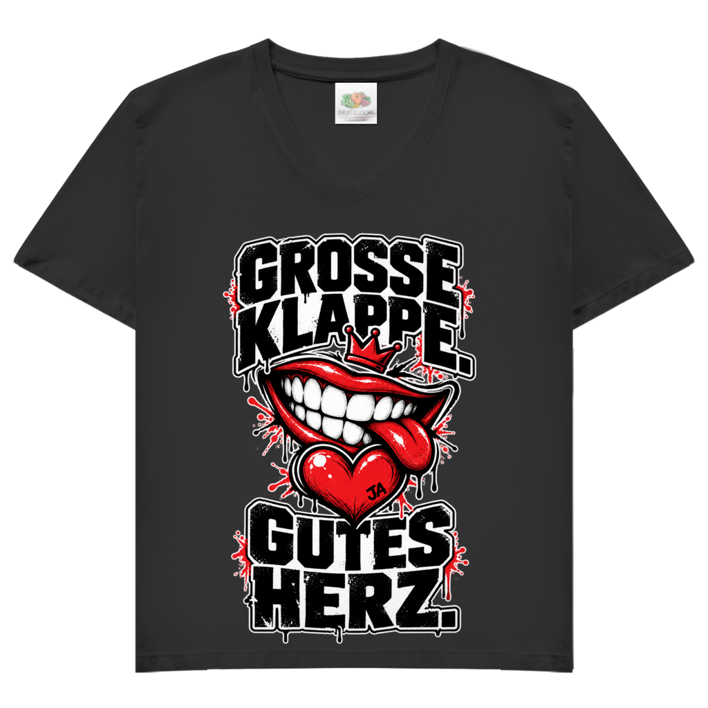 JA Große Klappe, gutes Herz – Damen-V-Neck-Shirt in Schwarz, Vorderansicht, Frontdruck: Markenspruch „Große Klappe. Gutes Herz.“ mit rotem Mund und Herz