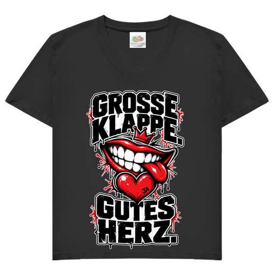 JA Große Klappe, gutes Herz – Damen-V-Neck-Shirt in Schwarz, Vorderansicht, Frontdruck: Markenspruch „Große Klappe. Gutes Herz.“ mit rotem Mund und Herz
