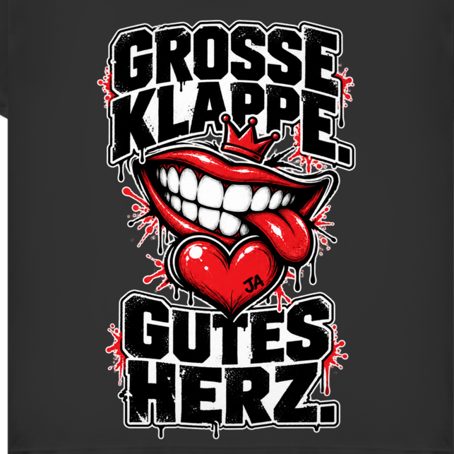 JA Große Klappe, gutes Herz – Damen-V-Neck-Shirt, Nahaufnahme vom Motiv