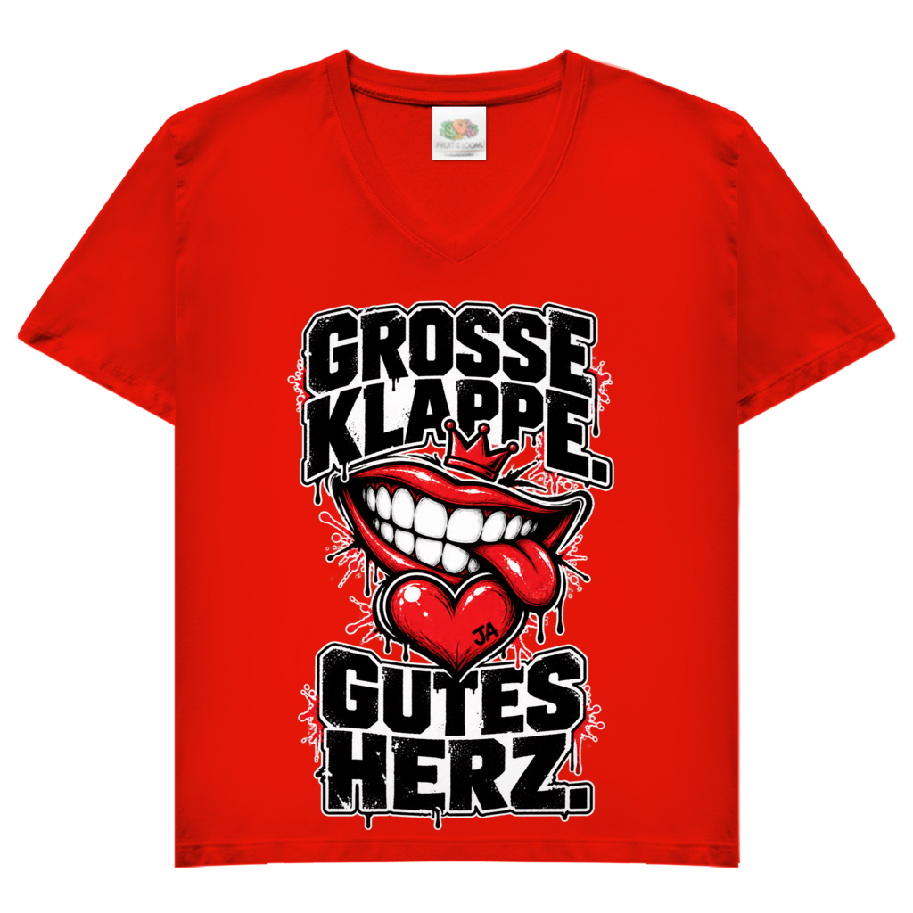 JA Große Klappe, gutes Herz – Damen-V-Neck-Shirt in Rot, Vorderansicht, Frontdruck: Markenspruch „Große Klappe. Gutes Herz.“ mit rotem Mund und Herz