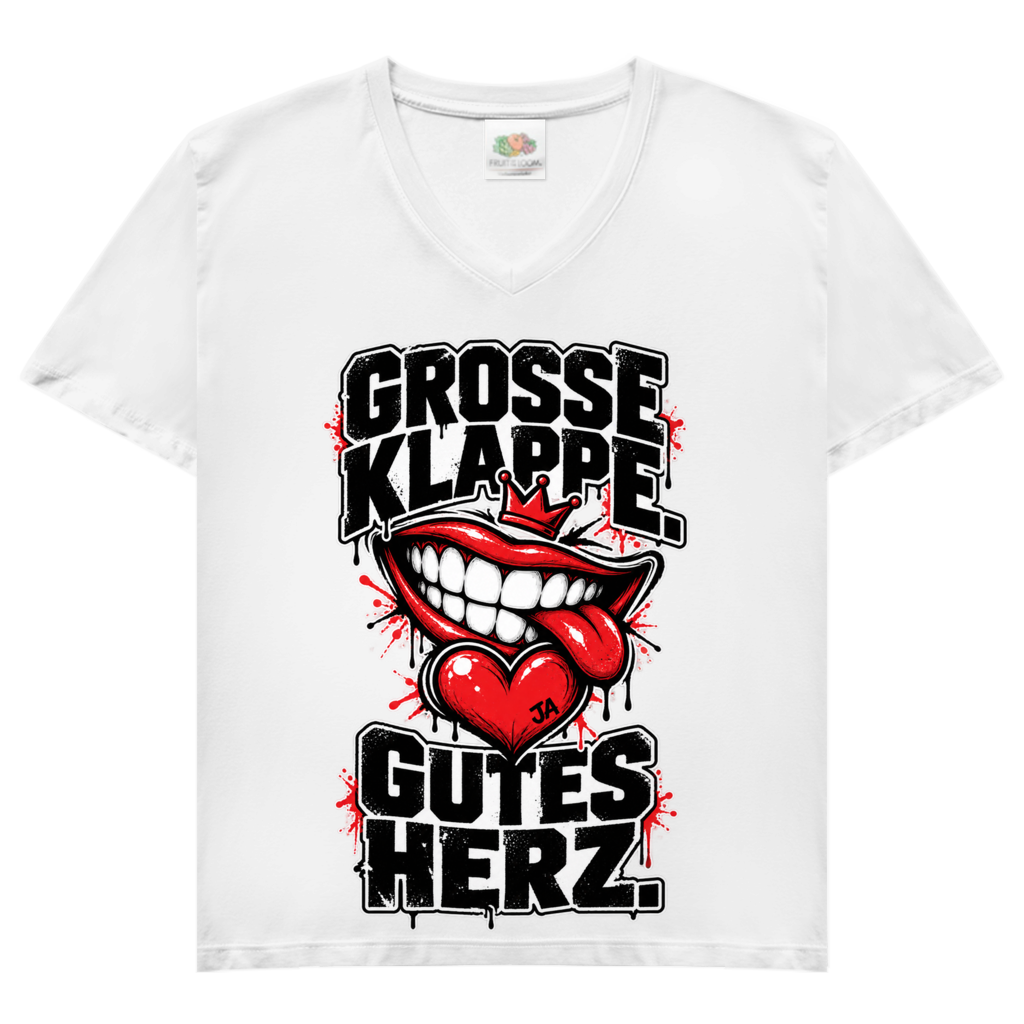 JA Große Klappe, gutes Herz – Damen-V-Neck-Shirt in Weiß, Vorderansicht, Frontdruck: Markenspruch „Große Klappe. Gutes Herz.“ mit rotem Mund und Herz
