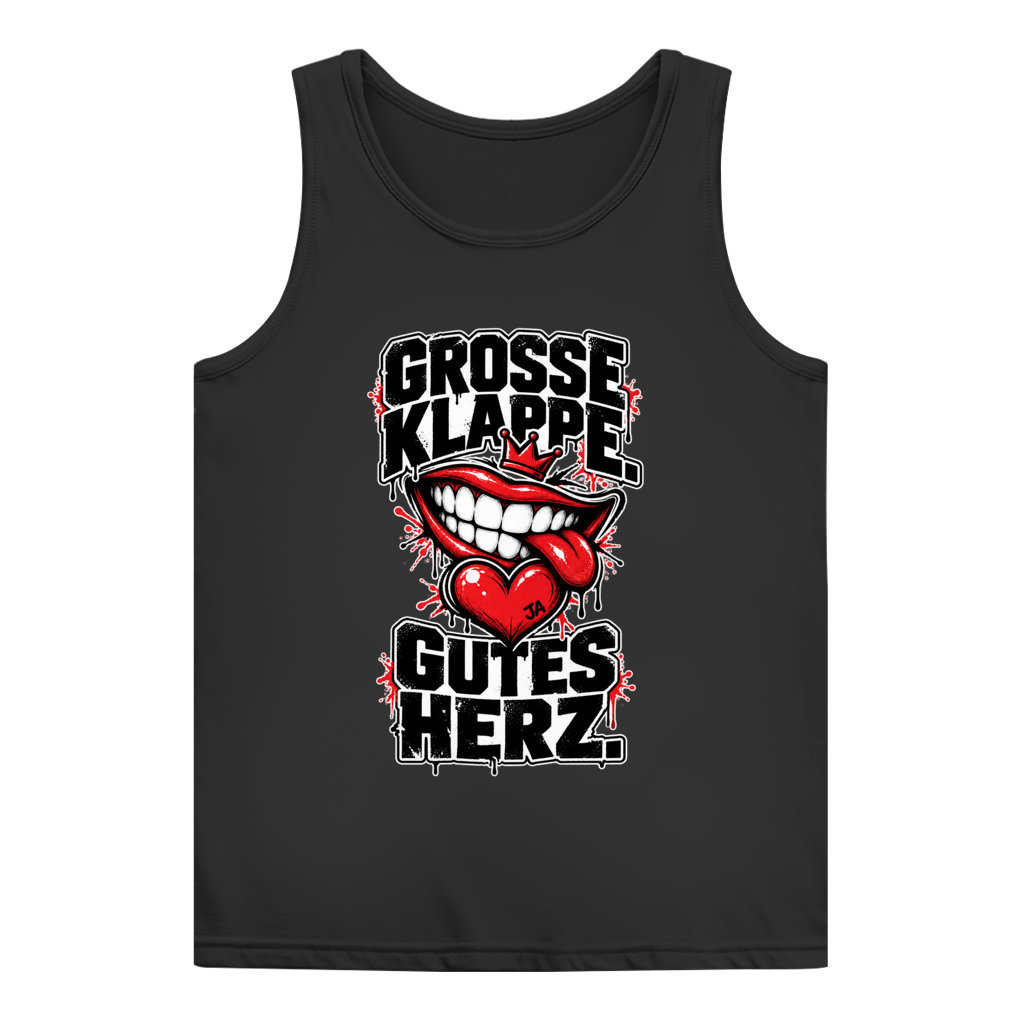 JA Große Klappe, gutes Herz – Damen-Tanktop in Schwarz, Vorderansicht, Frontdruck: Markenspruch „Große Klappe. Gutes Herz.“ mit rotem Mund und Herz