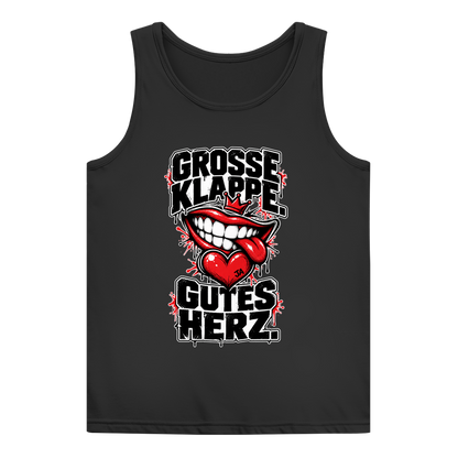 JA Große Klappe, gutes Herz – Damen-Tanktop in Schwarz, Vorderansicht, Frontdruck: Markenspruch „Große Klappe. Gutes Herz.“ mit rotem Mund und Herz