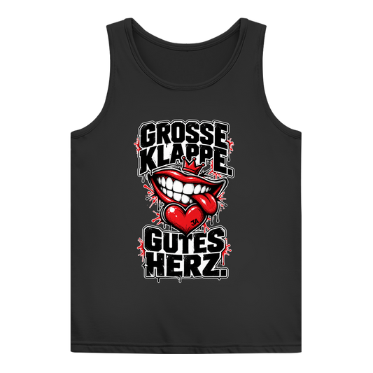 JA Große Klappe, gutes Herz – Damen-Tanktop in Schwarz, Vorderansicht, Frontdruck: Markenspruch „Große Klappe. Gutes Herz.“ mit rotem Mund und Herz