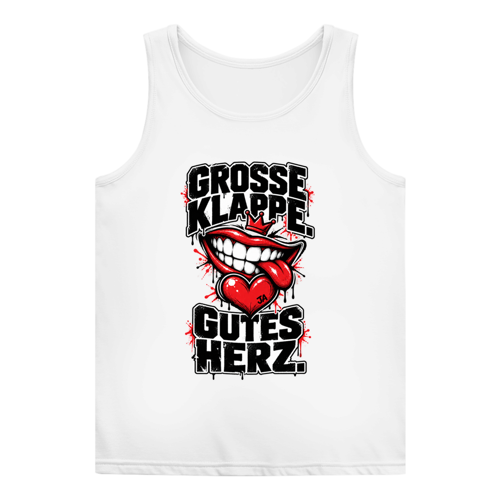 JA Große Klappe, gutes Herz – Damen-Tanktop in Weiß, Vorderansicht, Frontdruck: Markenspruch „Große Klappe. Gutes Herz.“ mit rotem Mund und Herz
