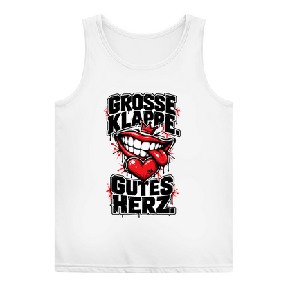 JA Große Klappe, gutes Herz – Damen-Tanktop in Weiß, Vorderansicht, Frontdruck: Markenspruch „Große Klappe. Gutes Herz.“ mit rotem Mund und Herz