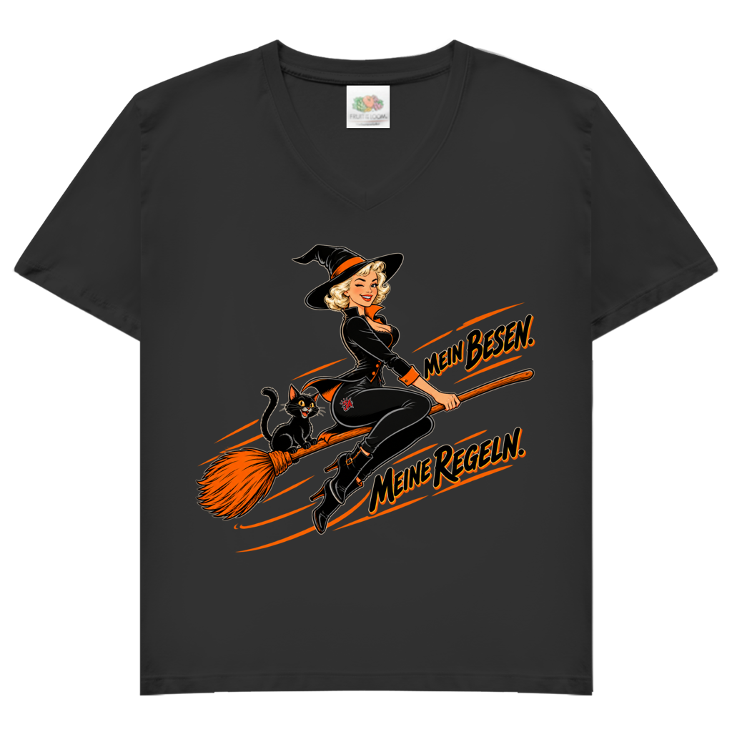 JA Hexenregeln – Damen-V-Neck-Shirt in Schwarz, Vorderansicht, Frontdruck: Pin-up-Hexe auf dem Besen: „Mein Besen. Meine Regeln.“