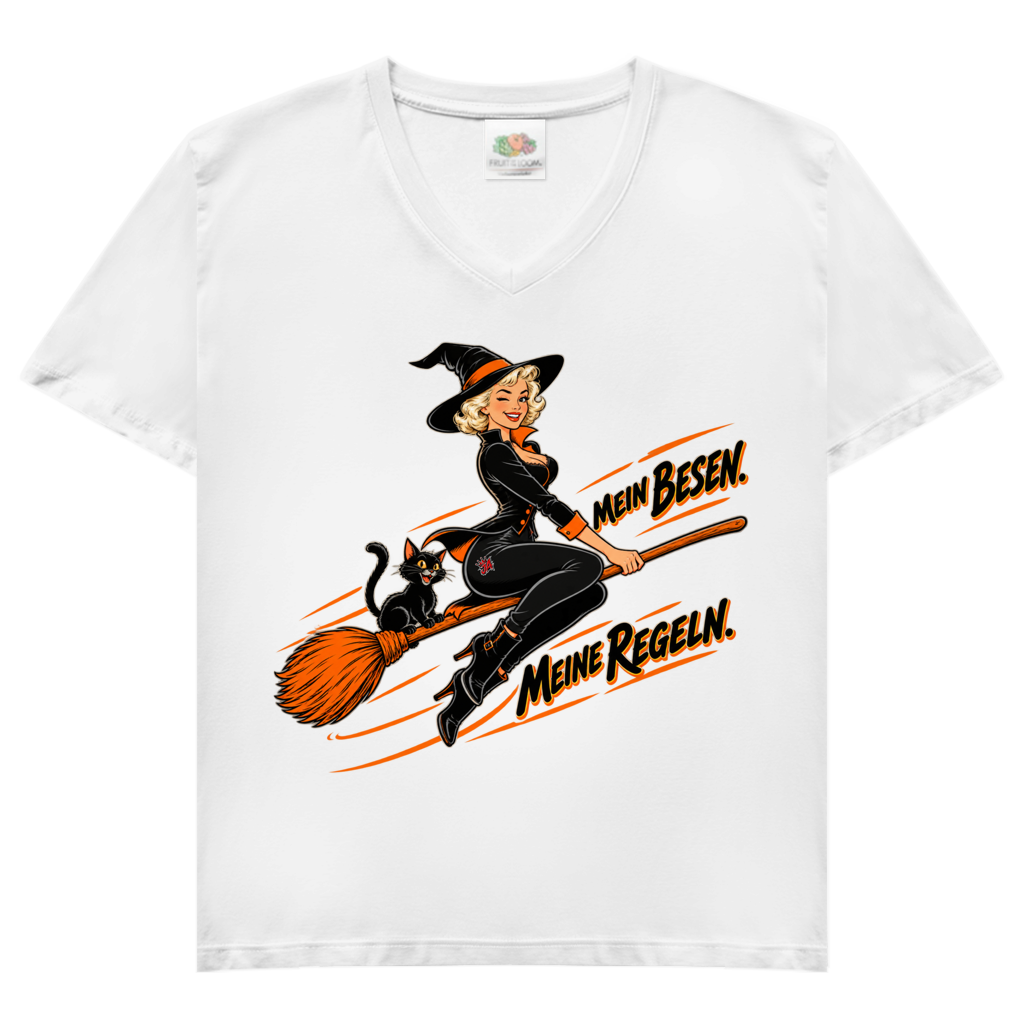 JA Hexenregeln – Damen-V-Neck-Shirt in Weiß, Vorderansicht, Frontdruck: Pin-up-Hexe auf dem Besen: „Mein Besen. Meine Regeln.“