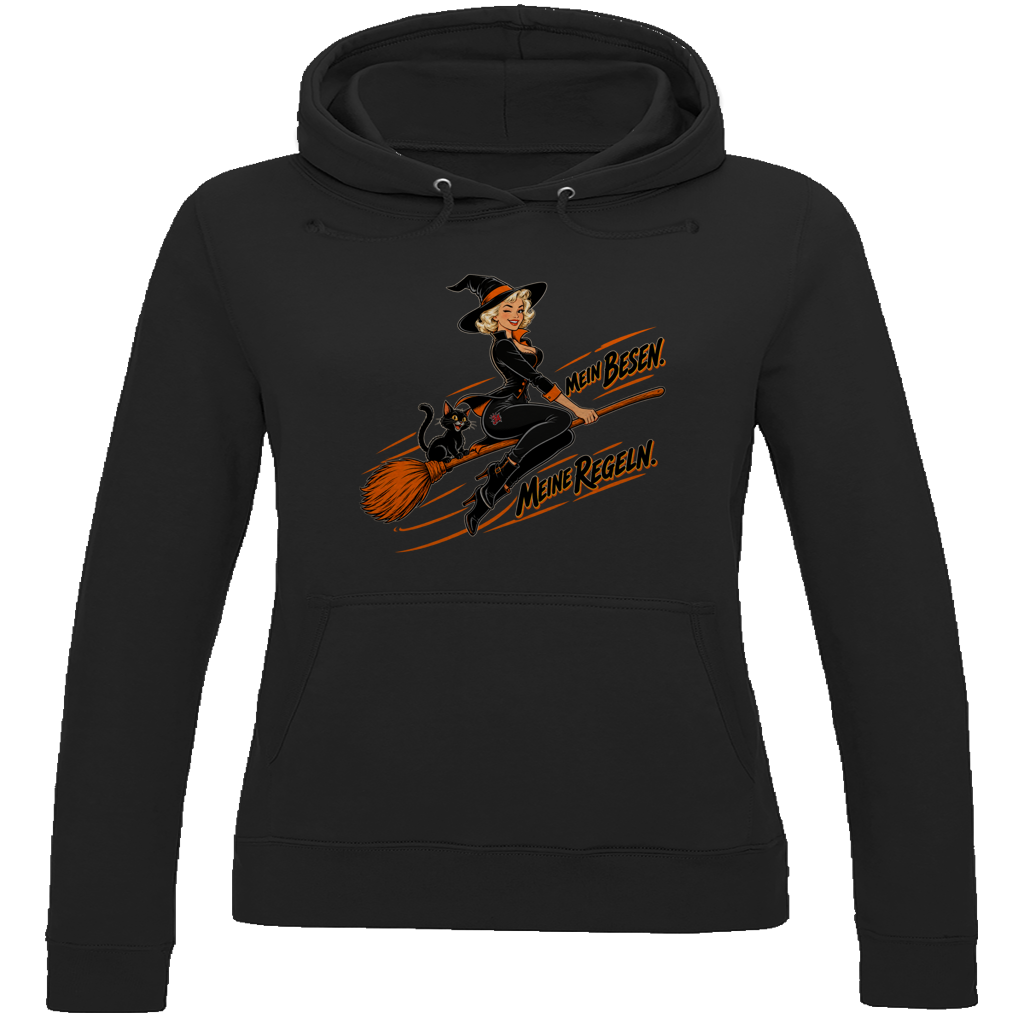 JA Hexenregeln – Damen-Hoodie in Tiefschwarz, Vorderansicht, Frontdruck: Pin-up-Hexe auf dem Besen: „Mein Besen. Meine Regeln.“