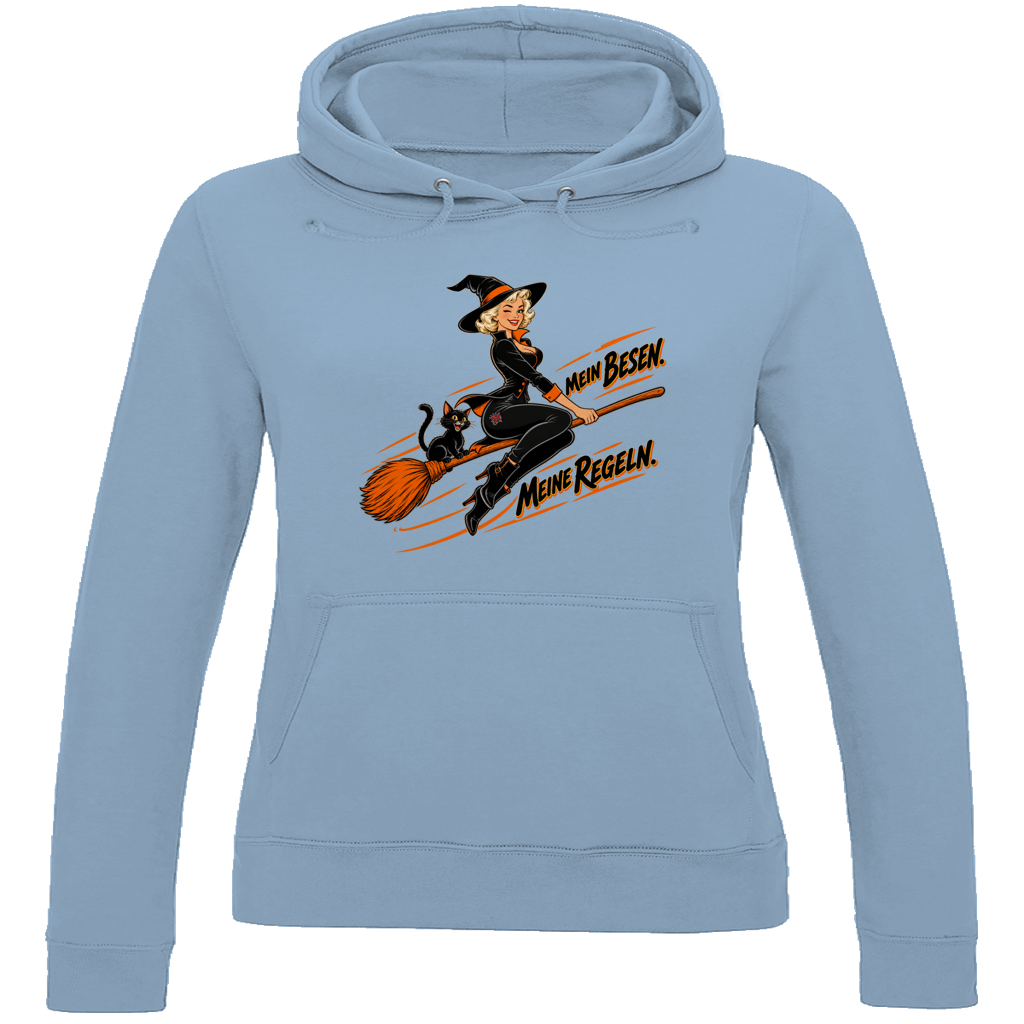 JA Hexenregeln – Damen-Hoodie in Himmelblau, Vorderansicht, Frontdruck: Pin-up-Hexe auf dem Besen: „Mein Besen. Meine Regeln.“