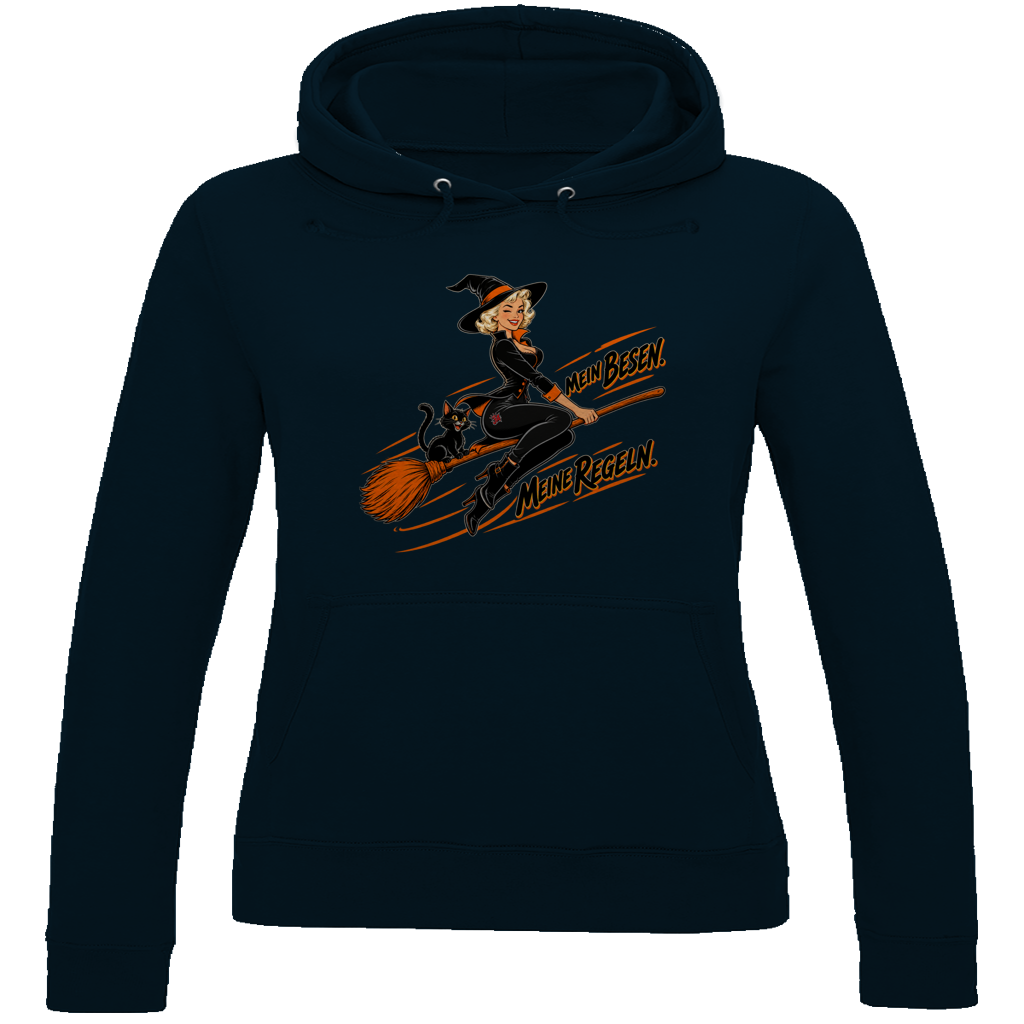 JA Hexenregeln – Damen-Hoodie in Marineblau, Vorderansicht, Frontdruck: Pin-up-Hexe auf dem Besen: „Mein Besen. Meine Regeln.“