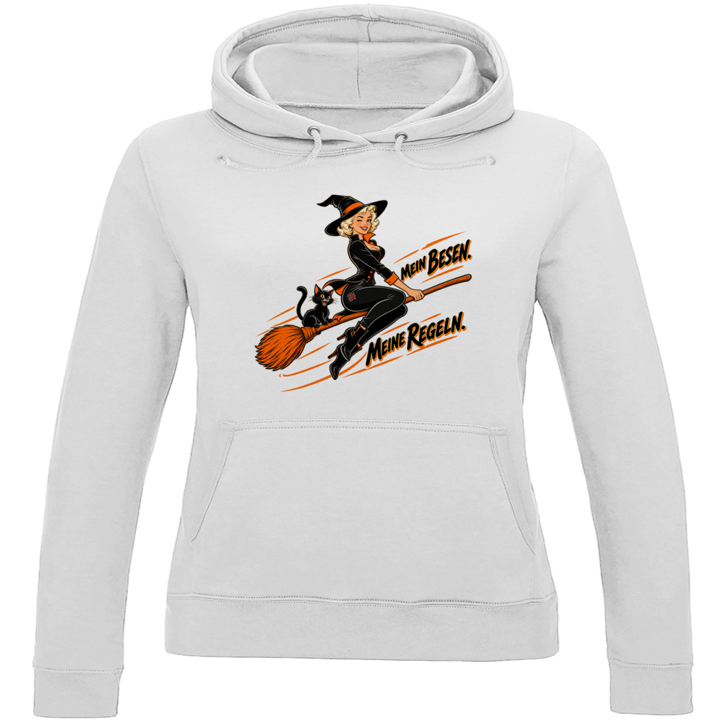 JA Hexenregeln – Damen-Hoodie in Arktisweiß, Vorderansicht, Frontdruck: Pin-up-Hexe auf dem Besen: „Mein Besen. Meine Regeln.“