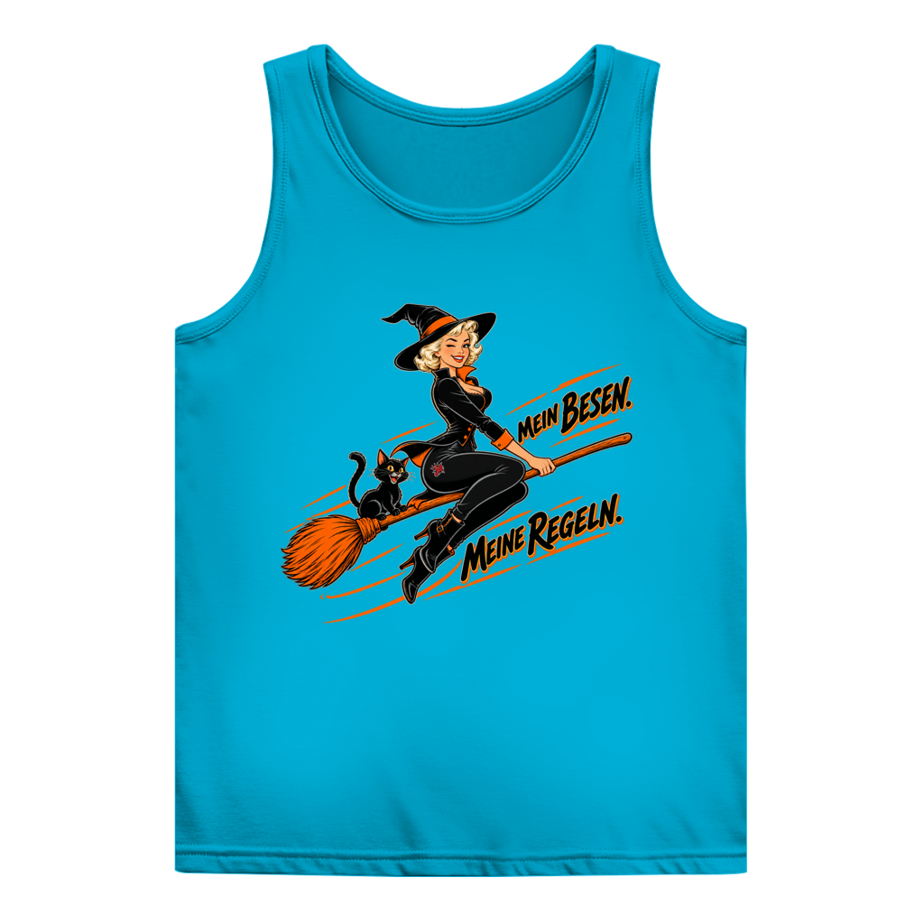 JA Hexenregeln – Damen-Tanktop in Türkis, Vorderansicht, Frontdruck: Pin-up-Hexe auf dem Besen: „Mein Besen. Meine Regeln.“