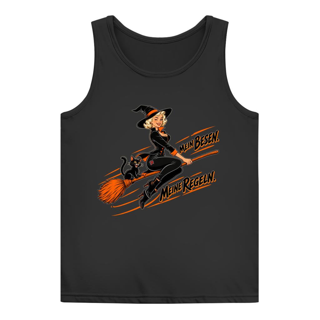 JA Hexenregeln – Damen-Tanktop in Schwarz, Vorderansicht, Frontdruck: Pin-up-Hexe auf dem Besen: „Mein Besen. Meine Regeln.“