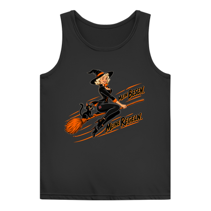 JA Hexenregeln – Damen-Tanktop in Schwarz, Vorderansicht, Frontdruck: Pin-up-Hexe auf dem Besen: „Mein Besen. Meine Regeln.“