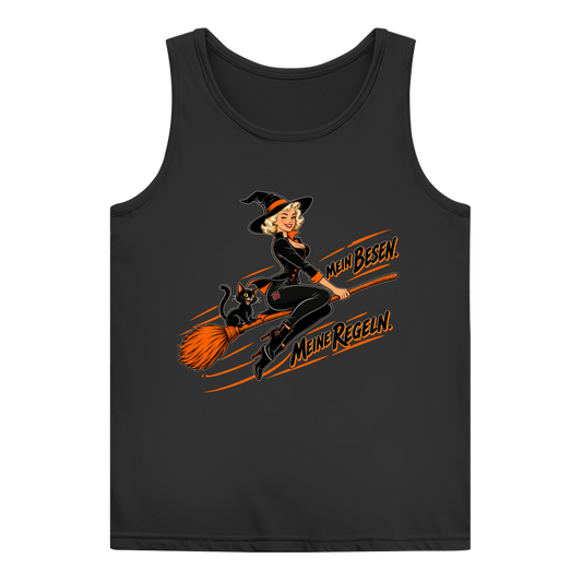 JA Hexenregeln – Damen-Tanktop in Schwarz, Vorderansicht, Frontdruck: Pin-up-Hexe auf dem Besen: „Mein Besen. Meine Regeln.“