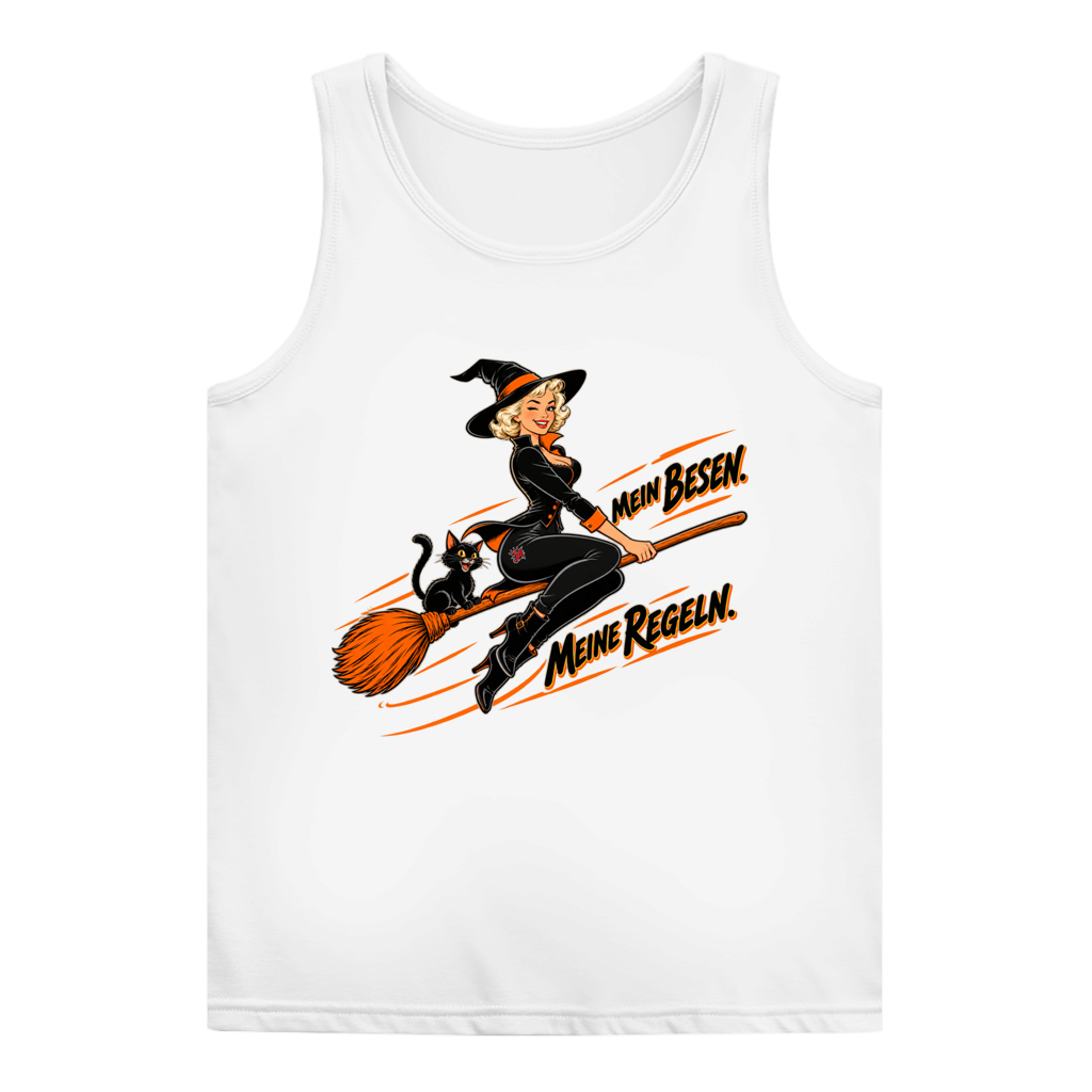 JA Hexenregeln – Damen-Tanktop in Weiß, Vorderansicht, Frontdruck: Pin-up-Hexe auf dem Besen: „Mein Besen. Meine Regeln.“