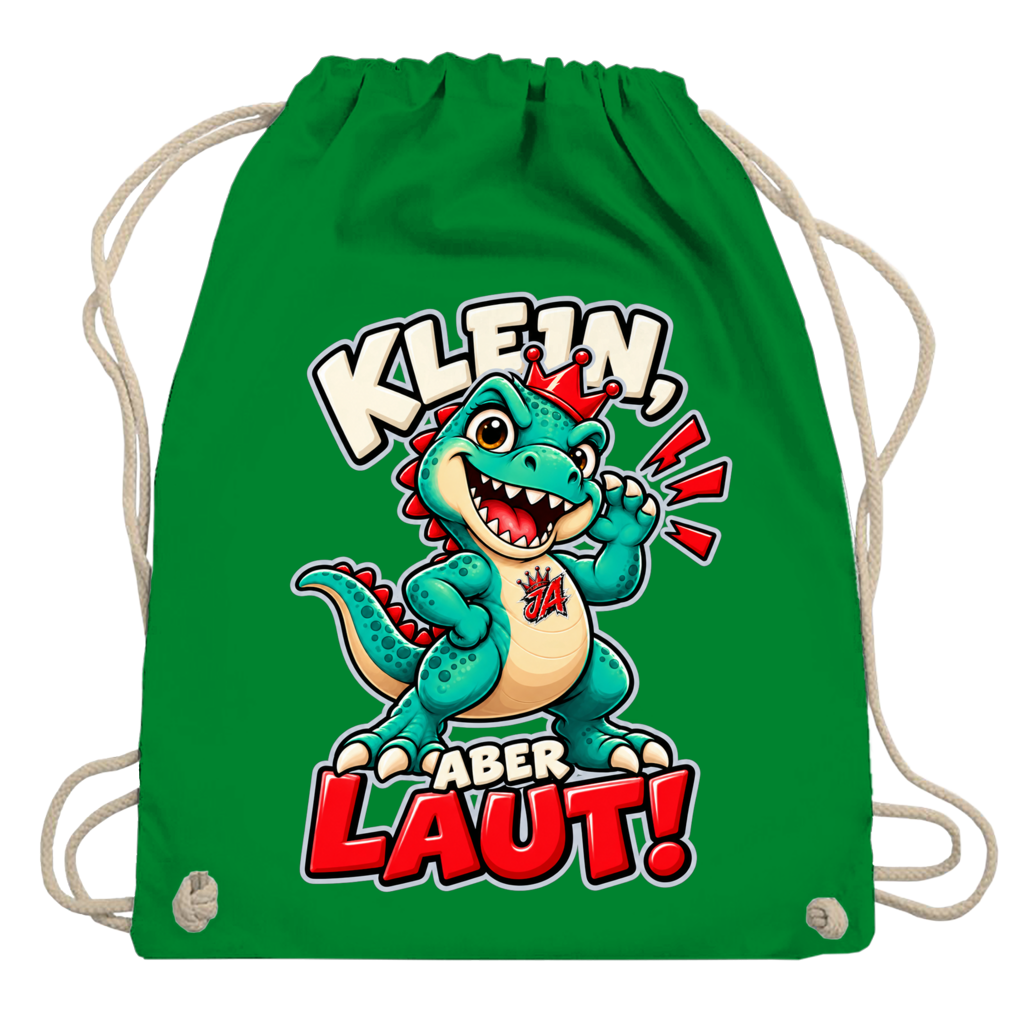 JA Jano Klein aber laut – Turnbeutel in Kellygrün, Aufdruck: Jano, der JA-Dino: „Klein, aber laut!“ – Kindermotiv mit großer Klappe