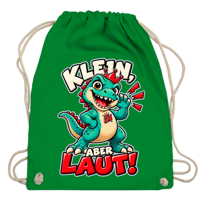 JA Jano Klein aber laut – Turnbeutel in Kellygrün, Aufdruck: Jano, der JA-Dino: „Klein, aber laut!“ – Kindermotiv mit großer Klappe