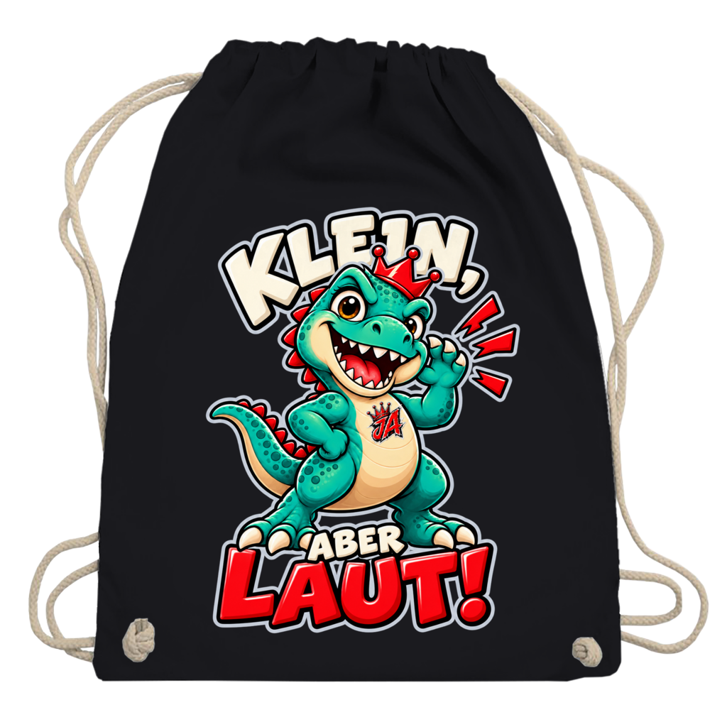 JA Jano Klein aber laut – Turnbeutel in Schwarz, Aufdruck: Jano, der JA-Dino: „Klein, aber laut!“ – Kindermotiv mit großer Klappe
