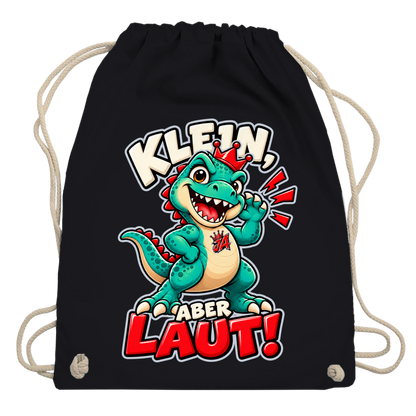 JA Jano Klein aber laut – Turnbeutel in Schwarz, Aufdruck: Jano, der JA-Dino: „Klein, aber laut!“ – Kindermotiv mit großer Klappe