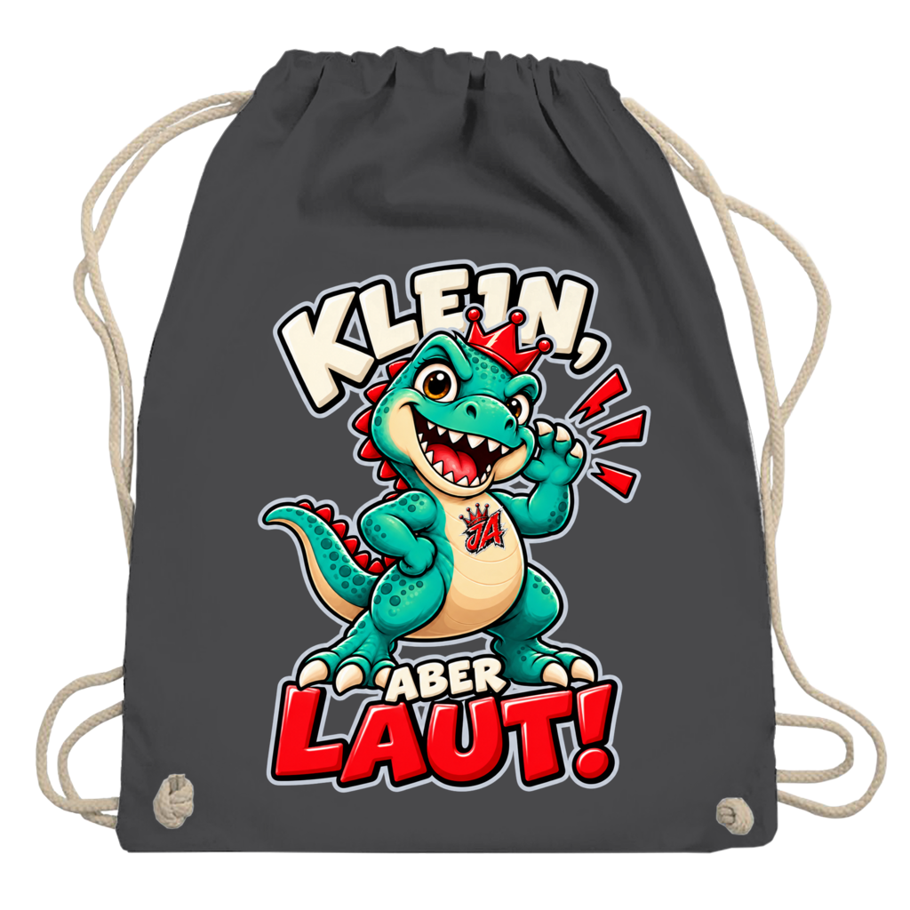 JA Jano Klein aber laut – Turnbeutel in Graphitgrau, Aufdruck: Jano, der JA-Dino: „Klein, aber laut!“ – Kindermotiv mit großer Klappe