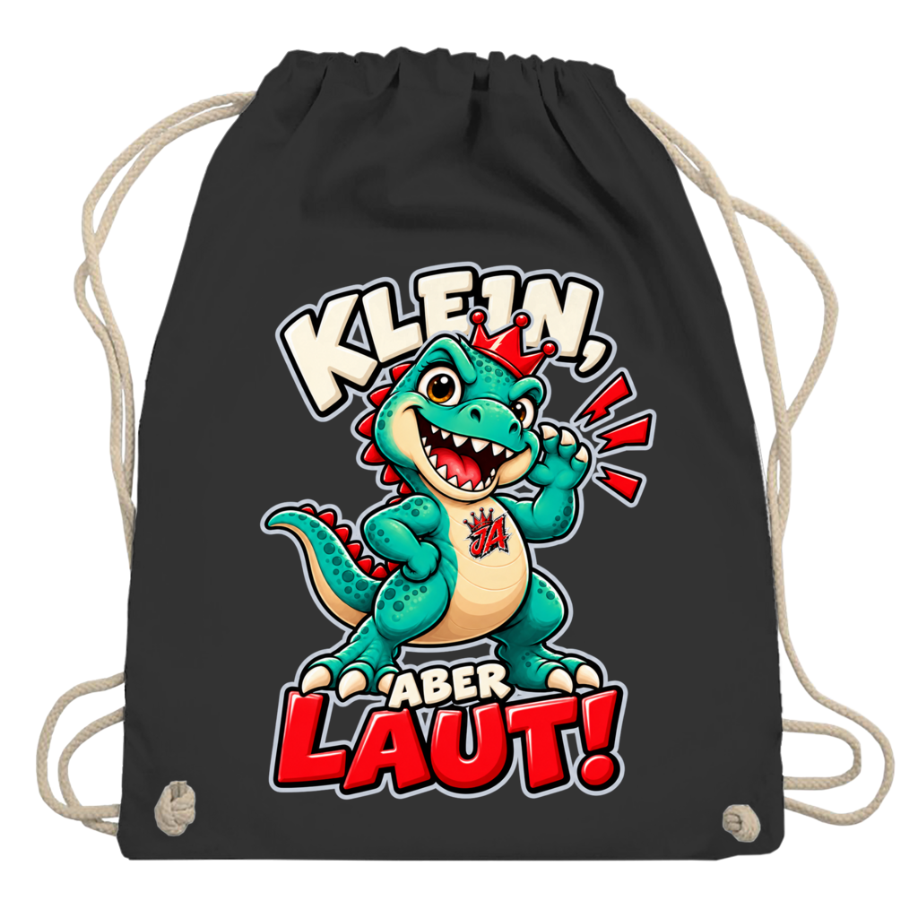 JA Jano Klein aber laut – Turnbeutel in Schwarz, Aufdruck: Jano, der JA-Dino: „Klein, aber laut!“ – Kindermotiv mit großer Klappe