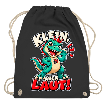 JA Jano Klein aber laut – Turnbeutel in Schwarz, Aufdruck: Jano, der JA-Dino: „Klein, aber laut!“ – Kindermotiv mit großer Klappe