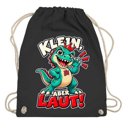 JA Jano Klein aber laut – Turnbeutel in Schwarz, Aufdruck: Jano, der JA-Dino: „Klein, aber laut!“ – Kindermotiv mit großer Klappe