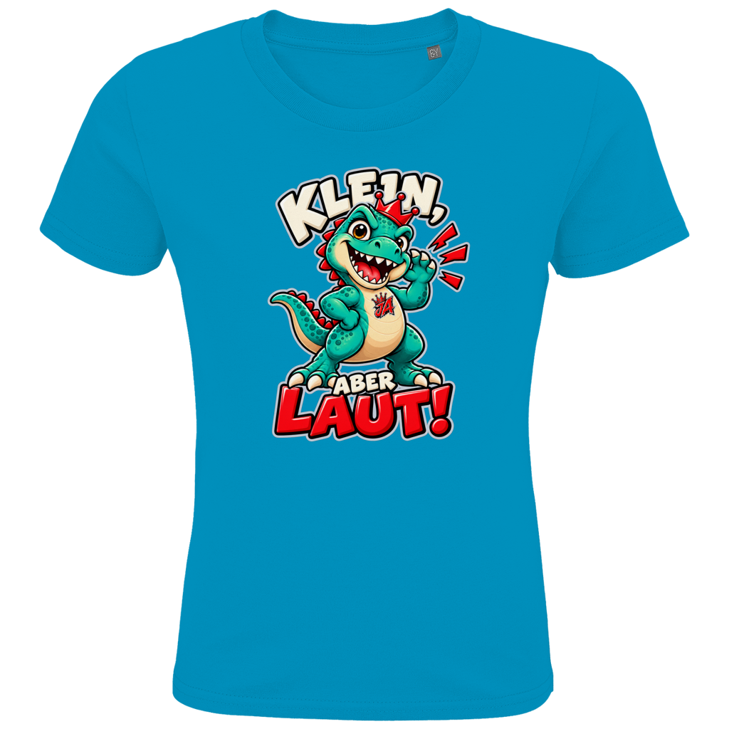 JA Jano Klein aber laut – Kinder-T-Shirt in Aqua, Vorderansicht, Frontdruck: Jano, der JA-Dino: „Klein, aber laut!“ – Kindermotiv mit großer Klappe
