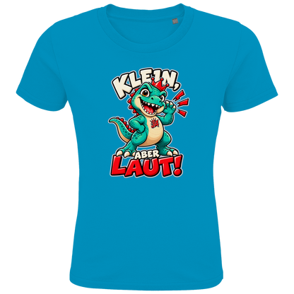 JA Jano Klein aber laut – Kinder-T-Shirt in Aqua, Vorderansicht, Frontdruck: Jano, der JA-Dino: „Klein, aber laut!“ – Kindermotiv mit großer Klappe