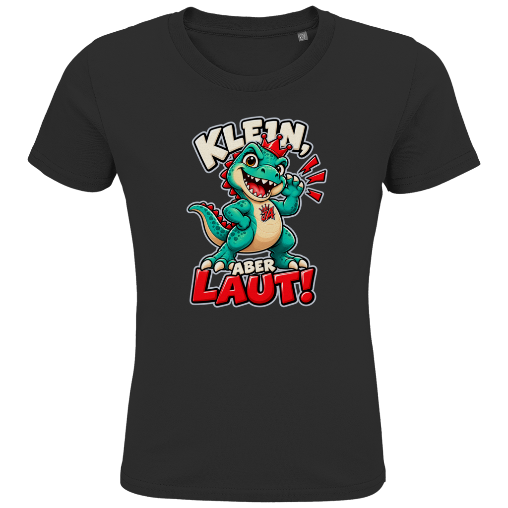 JA Jano Klein aber laut – Kinder-T-Shirt in Schwarz, Vorderansicht, Frontdruck: Jano, der JA-Dino: „Klein, aber laut!“ – Kindermotiv mit großer Klappe
