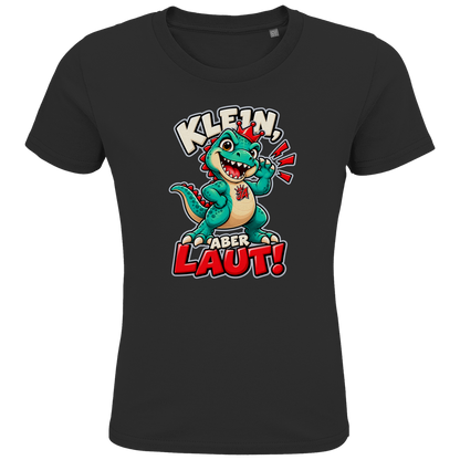 JA Jano Klein aber laut – Kinder-T-Shirt in Schwarz, Vorderansicht, Frontdruck: Jano, der JA-Dino: „Klein, aber laut!“ – Kindermotiv mit großer Klappe