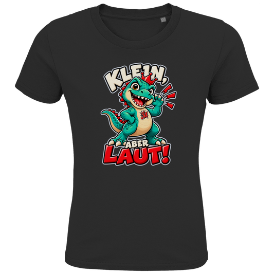 JA Jano Klein aber laut – Kinder-T-Shirt in Schwarz, Vorderansicht, Frontdruck: Jano, der JA-Dino: „Klein, aber laut!“ – Kindermotiv mit großer Klappe