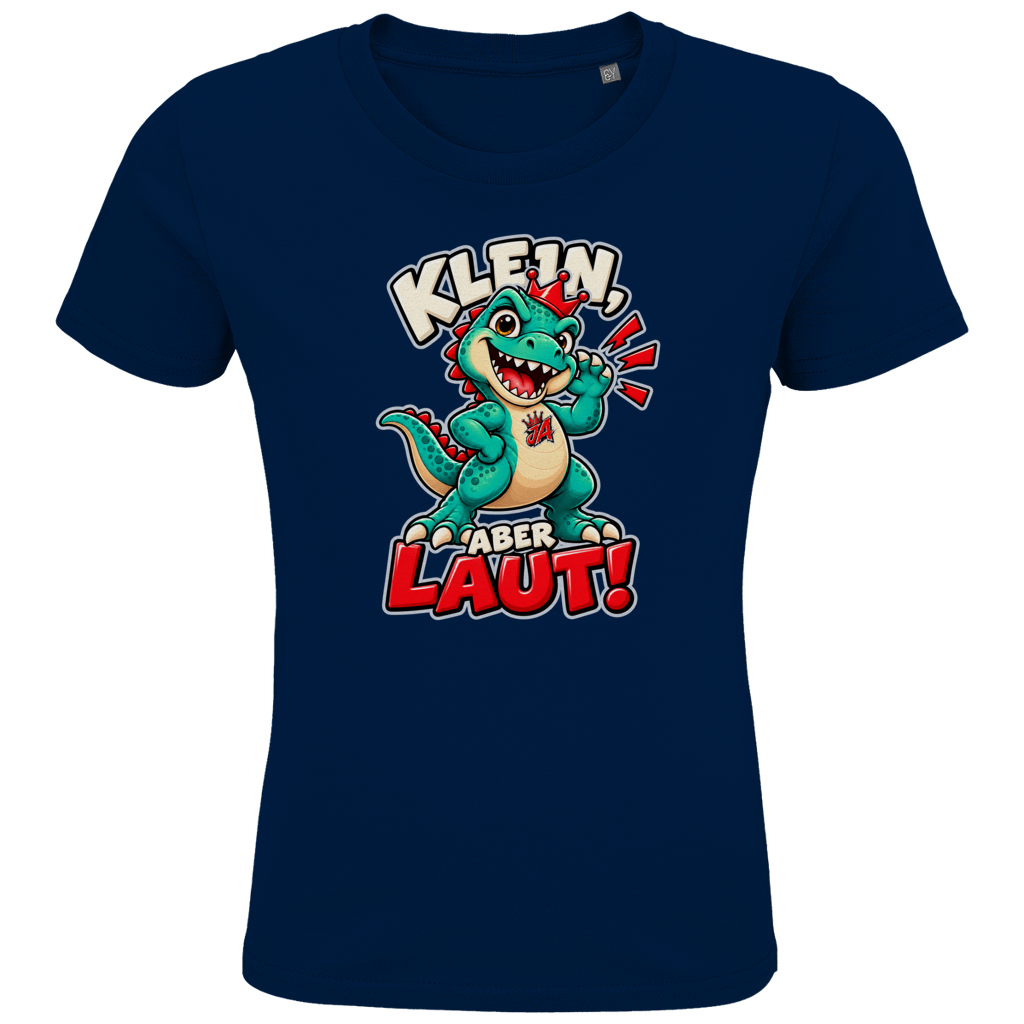 JA Jano Klein aber laut – Kinder-T-Shirt in Marineblau, Vorderansicht, Frontdruck: Jano, der JA-Dino: „Klein, aber laut!“ – Kindermotiv mit großer Klappe