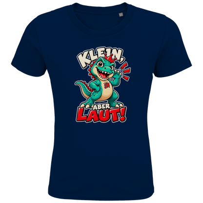 JA Jano Klein aber laut – Kinder-T-Shirt in Marineblau, Vorderansicht, Frontdruck: Jano, der JA-Dino: „Klein, aber laut!“ – Kindermotiv mit großer Klappe