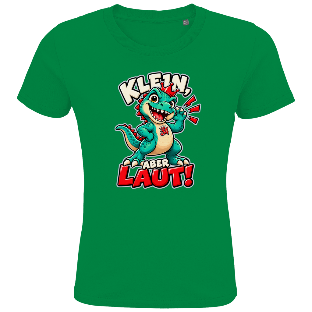 JA Jano Klein aber laut – Kinder-T-Shirt in Kellygrün, Vorderansicht, Frontdruck: Jano, der JA-Dino: „Klein, aber laut!“ – Kindermotiv mit großer Klappe