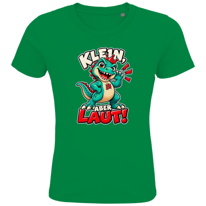 JA Jano Klein aber laut – Kinder-T-Shirt in Kellygrün, Vorderansicht, Frontdruck: Jano, der JA-Dino: „Klein, aber laut!“ – Kindermotiv mit großer Klappe