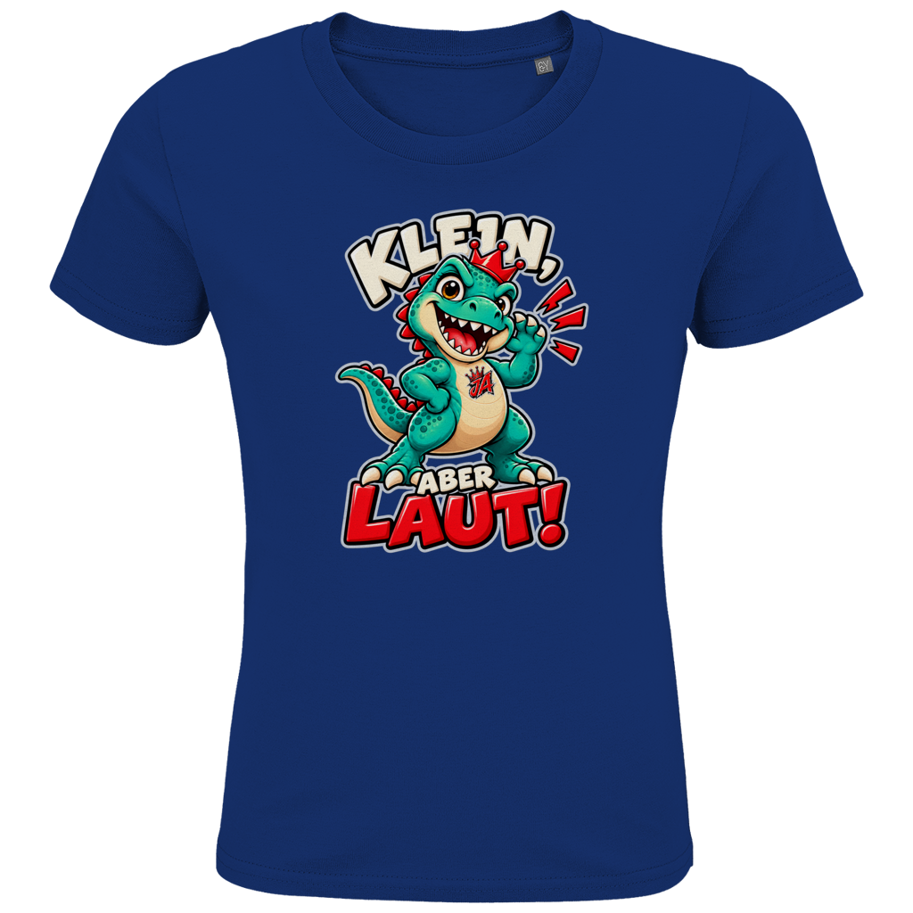 JA Jano Klein aber laut – Kinder-T-Shirt in Royalblau, Vorderansicht, Frontdruck: Jano, der JA-Dino: „Klein, aber laut!“ – Kindermotiv mit großer Klappe