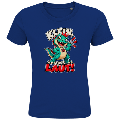 JA Jano Klein aber laut – Kinder-T-Shirt in Royalblau, Vorderansicht, Frontdruck: Jano, der JA-Dino: „Klein, aber laut!“ – Kindermotiv mit großer Klappe