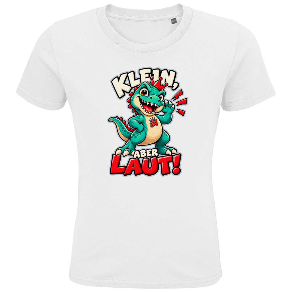 JA Jano Klein aber laut – Kinder-T-Shirt in Weiß, Vorderansicht, Frontdruck: Jano, der JA-Dino: „Klein, aber laut!“ – Kindermotiv mit großer Klappe