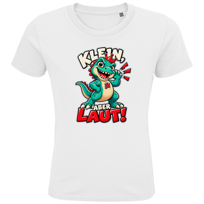 JA Jano Klein aber laut – Kinder-T-Shirt in Weiß, Vorderansicht, Frontdruck: Jano, der JA-Dino: „Klein, aber laut!“ – Kindermotiv mit großer Klappe